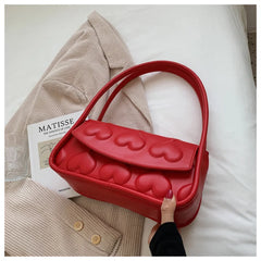 Red Heart Texture Square Shoulder Bag Top Handle Tote Purse