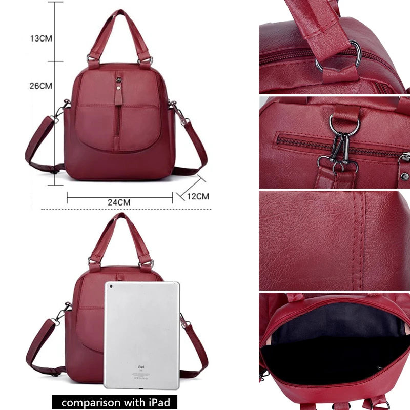 Red PU Leather Women Backpacks Shoulder Crossbody Bags for Girl Bookbags