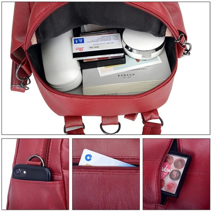 Red PU Leather Women Backpacks Shoulder Crossbody Bags for Girl Bookbags