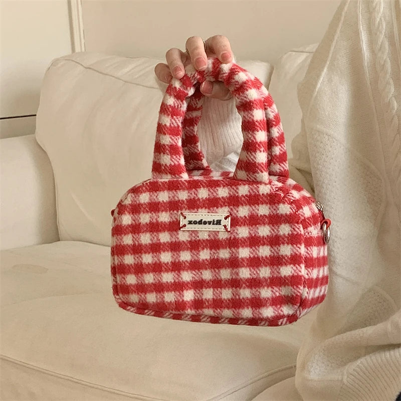 Red Plaid Crossbody Bag for Women Top-handle Purse Zipper Handbag