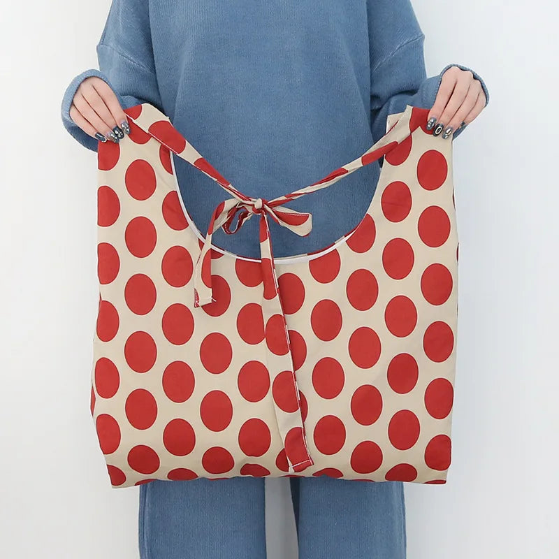 Red Polka Dots Cotton Shoulder Bag for Woman Large Shopping Bag Handbags Tote