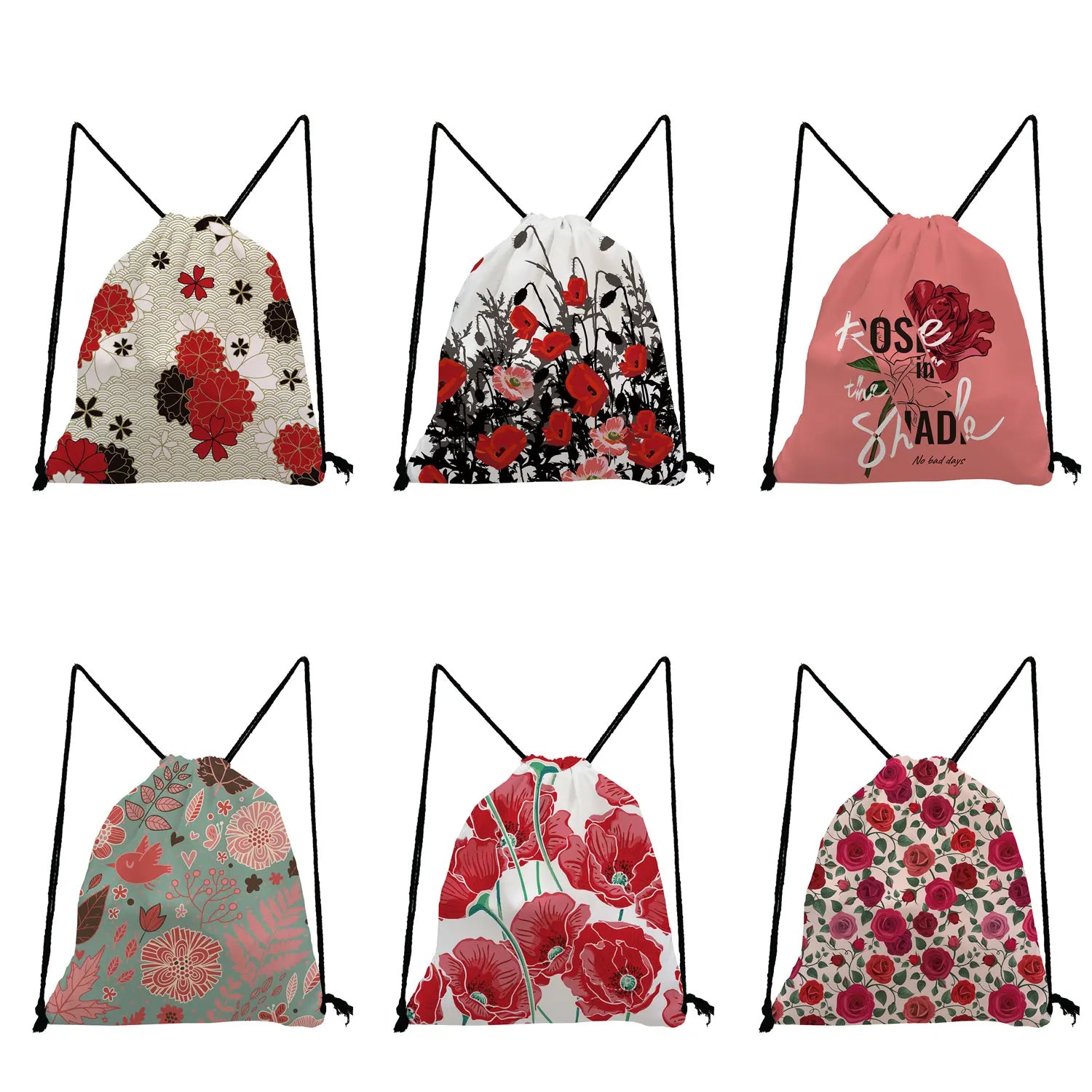 Red Rose Print Drawstring Bags for Girls Boys Birthday Party Gift