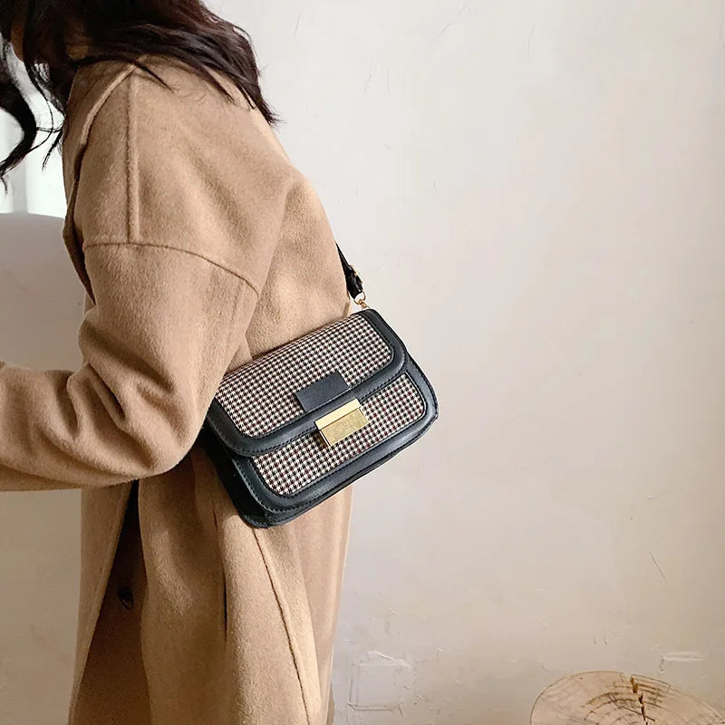 Retro Houndstooth PU Leather Small Bag Female Single Shoulder Messenger