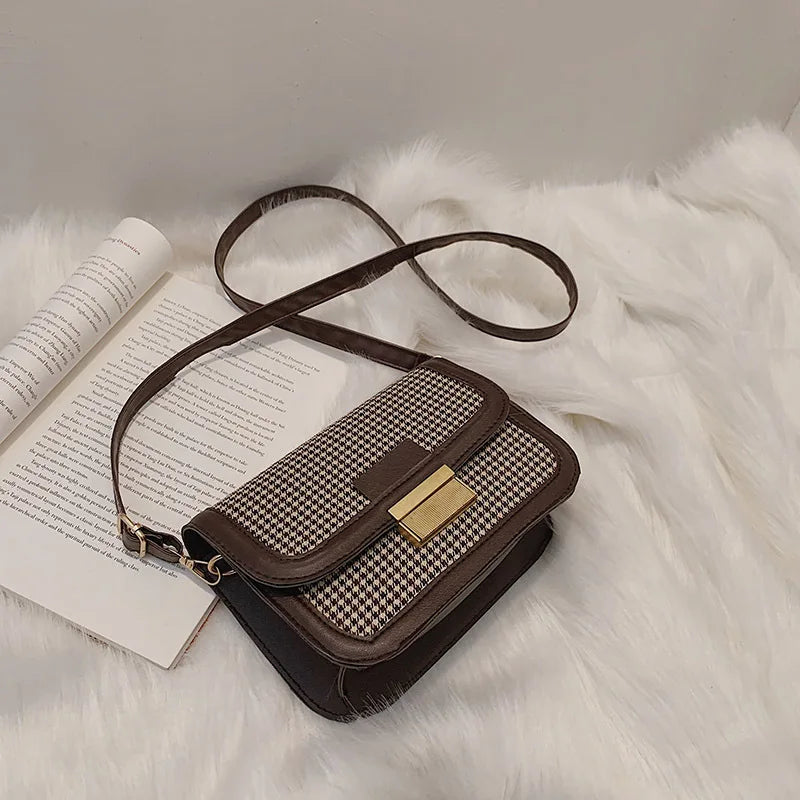 Retro Houndstooth PU Leather Small Bag Female Single Shoulder Messenger