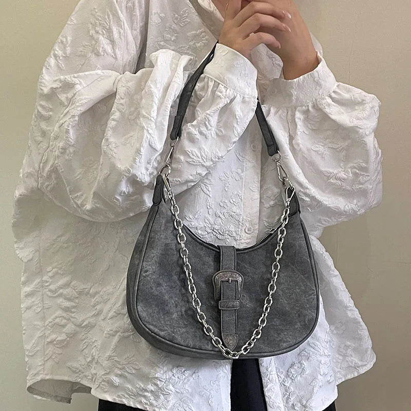 Retro Women's Small Shoulder Bag Half Moon Chain Ladies Tote Purse Handbag