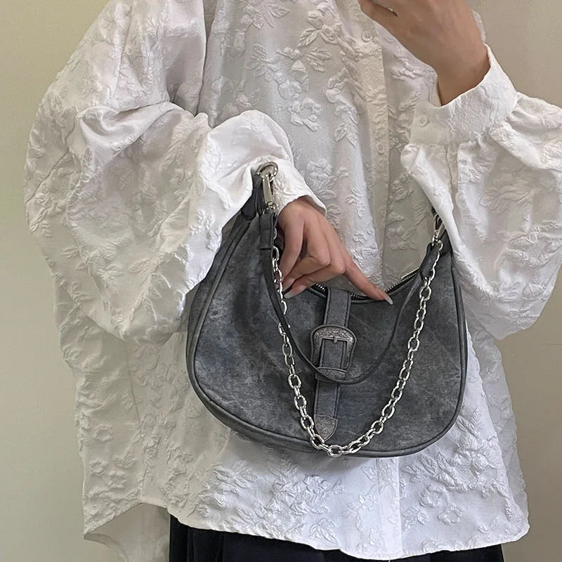 Retro Women's Small Shoulder Bag Half Moon Chain Ladies Tote Purse Handbag
