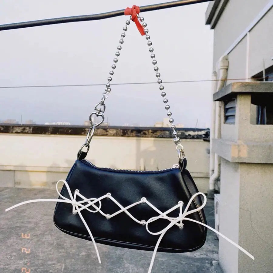 Retro Bowknot Women Purse Handbags Y2k Hot Girls Small Shoulder Underarm Bags