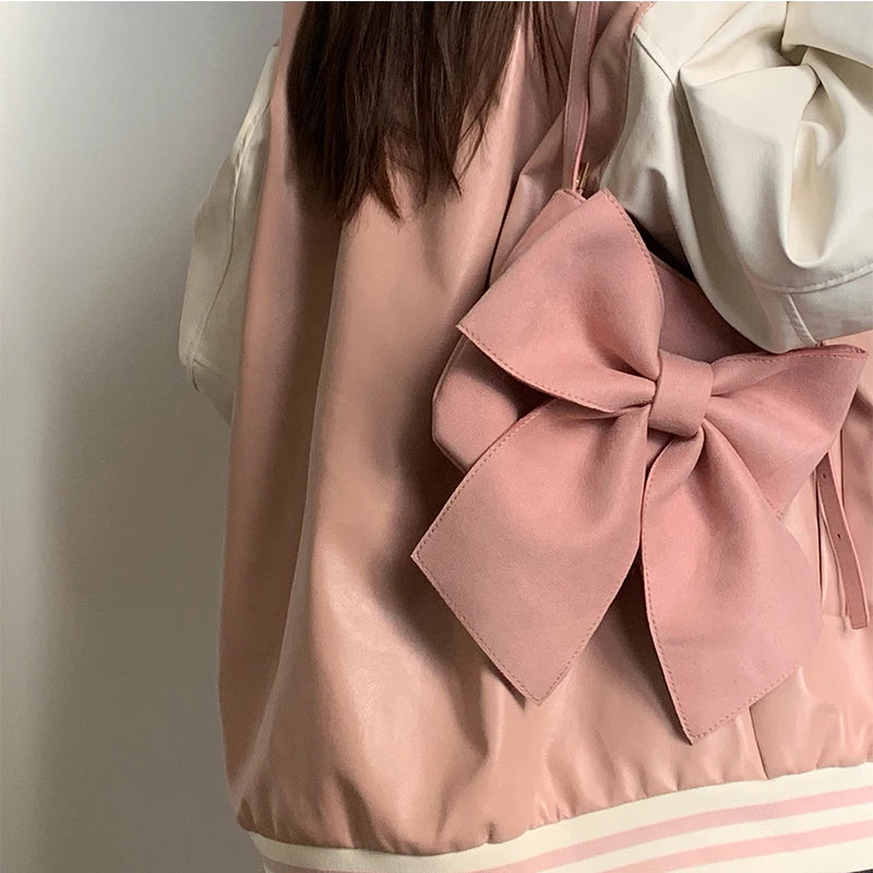 Retro Bowknot Women's Underarm Bag Small Tote Shoulder Bags Pink Handbags