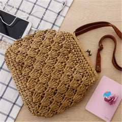 Retro Brass Buckle Single Shoulder Woven Shell Crochet Crossbody Straw Beach Cas