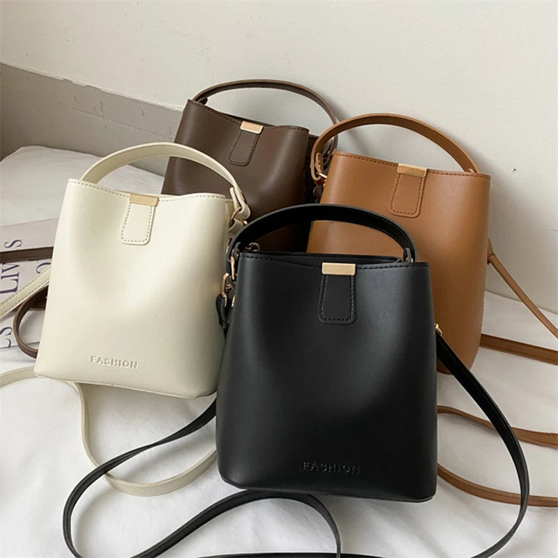 Retro Bucket Bag Ladies Shoulder Bag Solid PU Messenger Bag