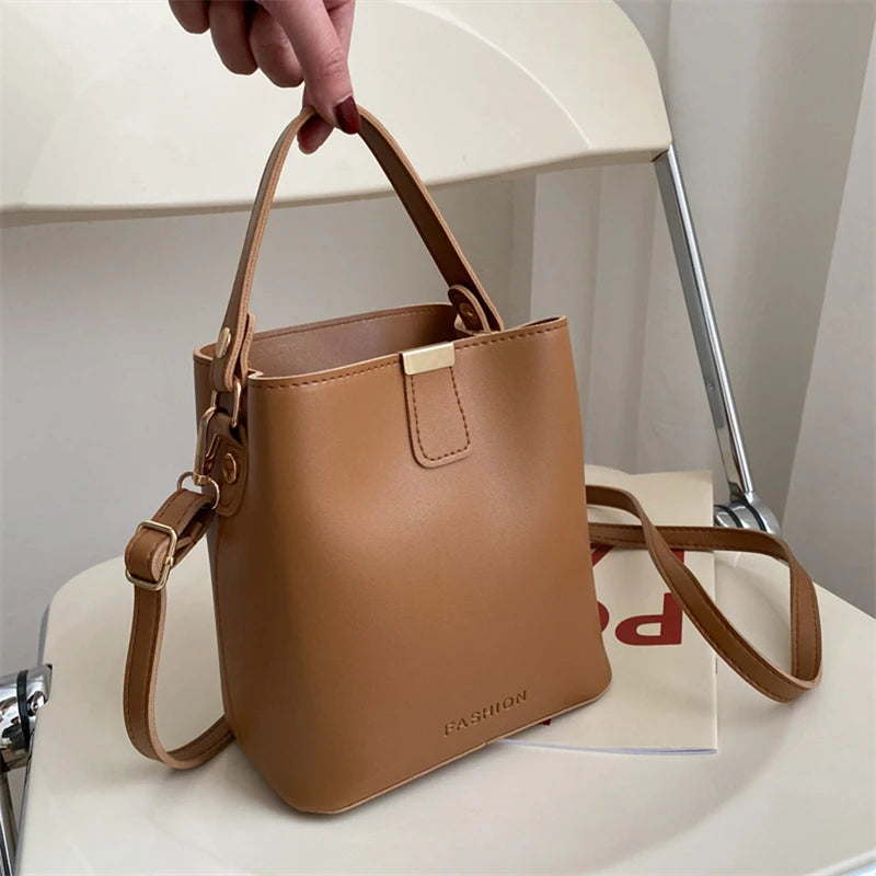 Retro Bucket Bag Ladies Shoulder Bag Solid PU Messenger Bag