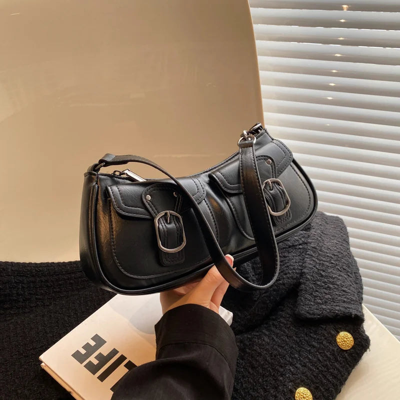 Retro Buckle Women Underarm Bag PU Leather Zipper Female Shoulder Bags Pocket