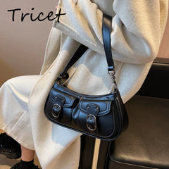 Retro Buckle Women Underarm Bag PU Leather Zipper Female Shoulder Bags Pocket