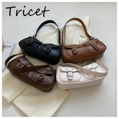Retro Buckle Women Underarm Bag PU Leather Zipper Female Shoulder Bags Pocket