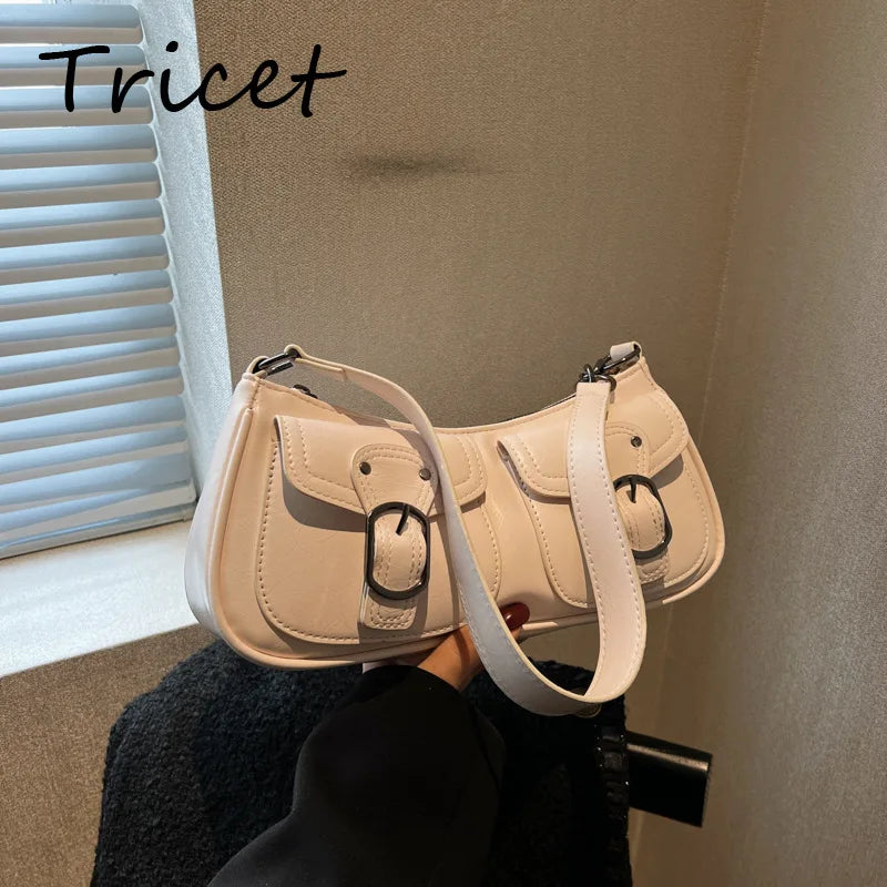 Retro Buckle Women Underarm Bag PU Leather Zipper Female Shoulder Bags Pocket