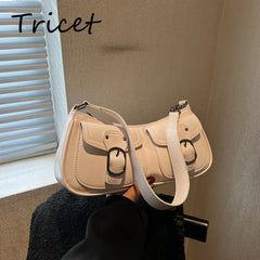 Retro Buckle Women Underarm Bag PU Leather Zipper Female Shoulder Bags Pocket
