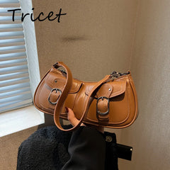 Retro Buckle Women Underarm Bag PU Leather Zipper Female Shoulder Bags Pocket