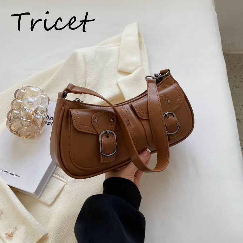 Retro Buckle Women Underarm Bag PU Leather Zipper Female Shoulder Bags Pocket