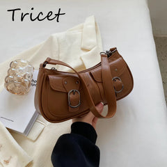 Retro Buckle Women Underarm Bag PU Leather Zipper Female Shoulder Bags Pocket
