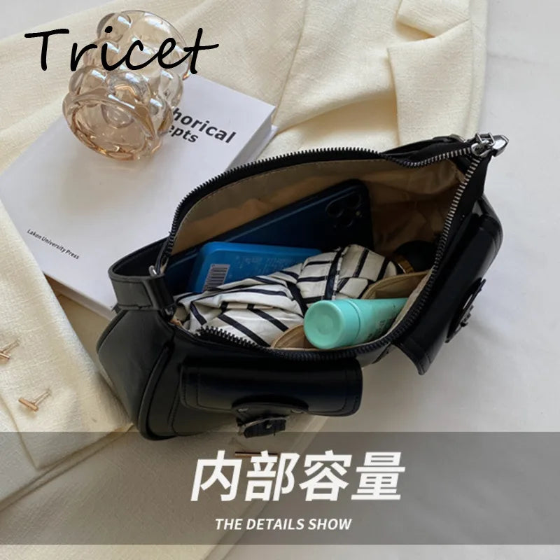 Retro Buckle Women Underarm Bag PU Leather Zipper Female Shoulder Bags Pocket