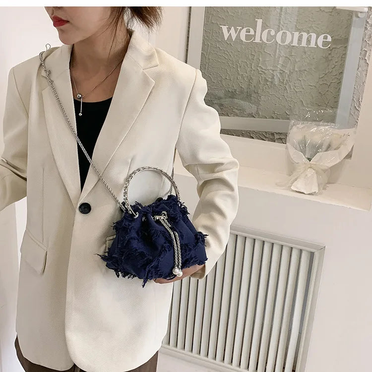 Retro Canvas Tassel Crossbody Bags Personality Ins Ladies Bucket Purses