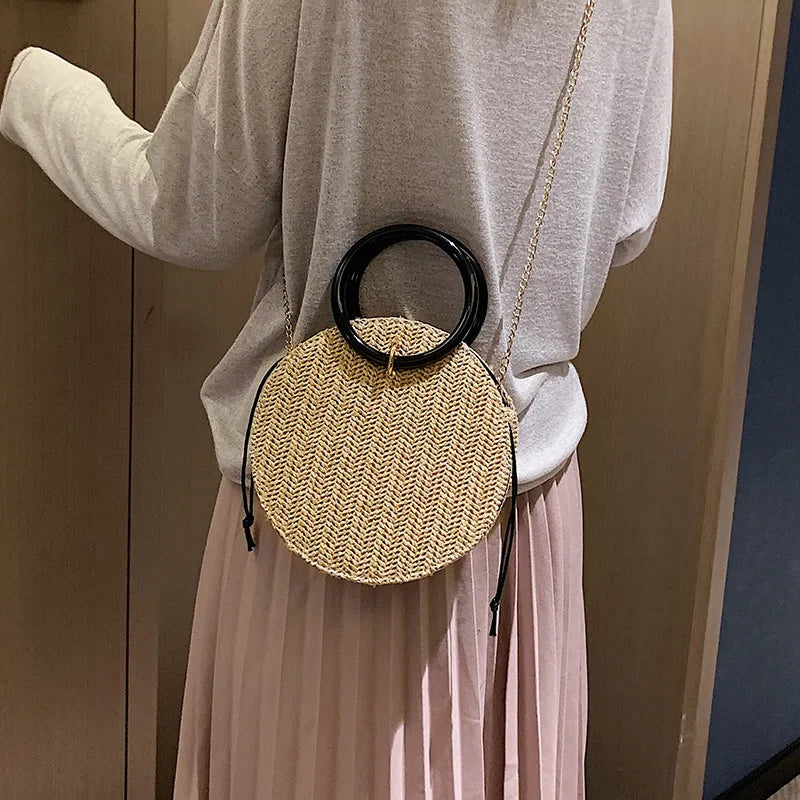 Retro Straw Handbag Women Chain Messenger Round Bag Beach Vacation