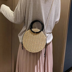 Retro Straw Handbag Women Chain Messenger Round Bag Beach Vacation