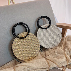 Retro Straw Handbag Women Chain Messenger Round Bag Beach Vacation