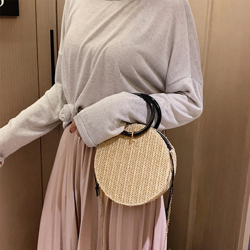 Retro Straw Handbag Women Chain Messenger Round Bag Beach Vacation