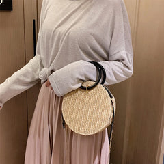 Retro Straw Handbag Women Chain Messenger Round Bag Beach Vacation