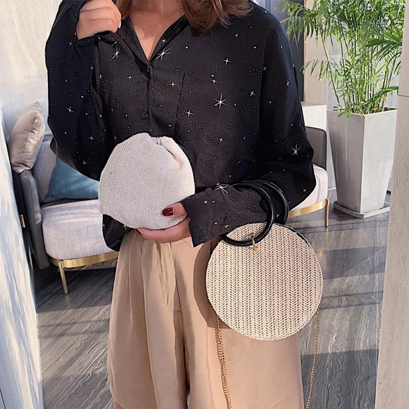 Retro Straw Handbag Women Chain Messenger Round Bag Beach Vacation