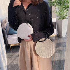 Retro Straw Handbag Women Chain Messenger Round Bag Beach Vacation