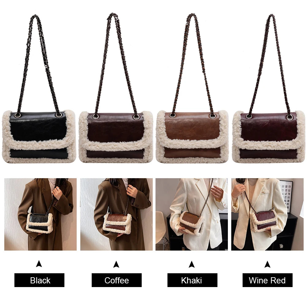 Vintage Retro Chain Crossbody Bag Fleece Flap Street Satchel