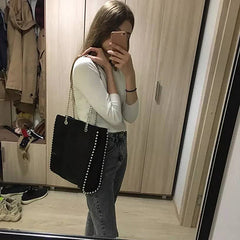 Retro Chains Rivet Tote Bead Women Shoulder Bags PU Leather Messenger Bag