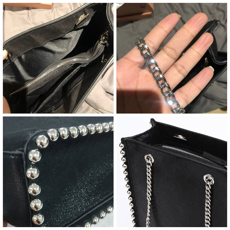 Retro Chains Rivet Tote Bead Women Shoulder Bags PU Leather Messenger Bag