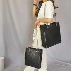 Retro Chains Rivet Tote Bead Women Shoulder Bags PU Leather Messenger Bag