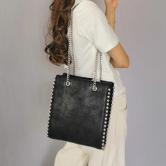 Retro Chains Rivet Tote Bead Women Shoulder Bags PU Leather Messenger Bag