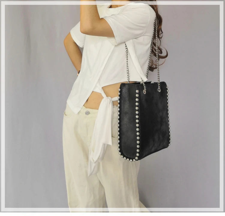 Retro Chains Rivet Tote Bead Women Shoulder Bags PU Leather Messenger Bag