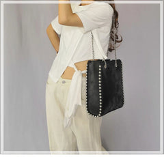Retro Chains Rivet Tote Bead Women Shoulder Bags PU Leather Messenger Bag