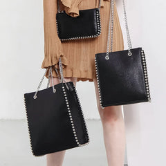 Retro Chains Rivet Tote Bead Women Shoulder Bags PU Leather Messenger Bag