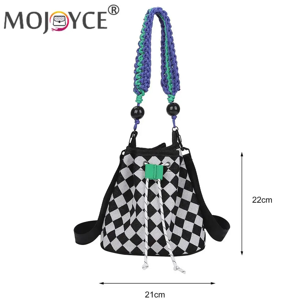 Checkered Pattern Canvas Crossbody Bag with Woven Handle