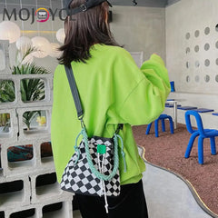 Checkered Pattern Canvas Crossbody Bag with Woven Handle