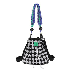 Checkered Pattern Canvas Crossbody Bag with Woven Handle