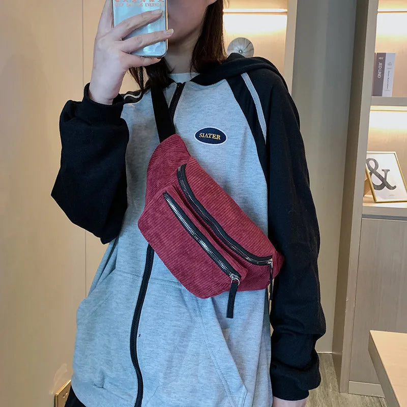 Corduroy Waist Bag Zipper Chest Bag Women