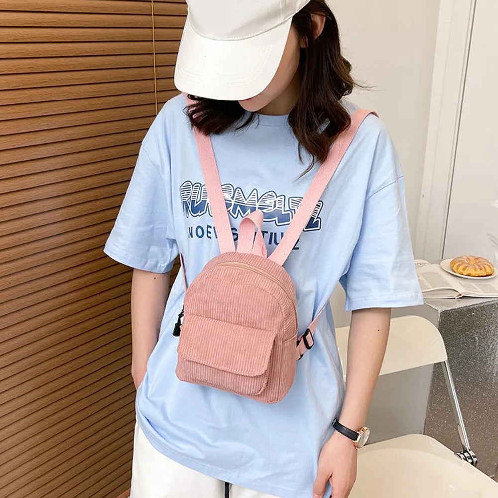 Corduroy Mini Backpack for Women - Small Student Girls Schoolbags