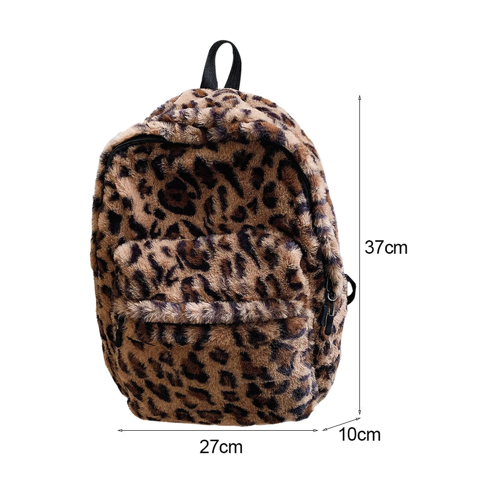 Retro Cow Leopard Print Backpack Soft Plush School Bag Casual Travel Rucksack