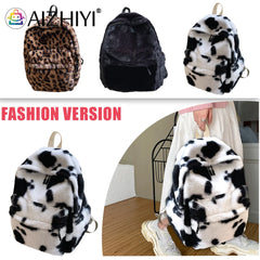 Retro Cow Leopard Print Backpack Soft Plush School Bag Casual Travel Rucksack
