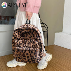 Retro Cow Leopard Print Backpack Soft Plush School Bag Casual Travel Rucksack