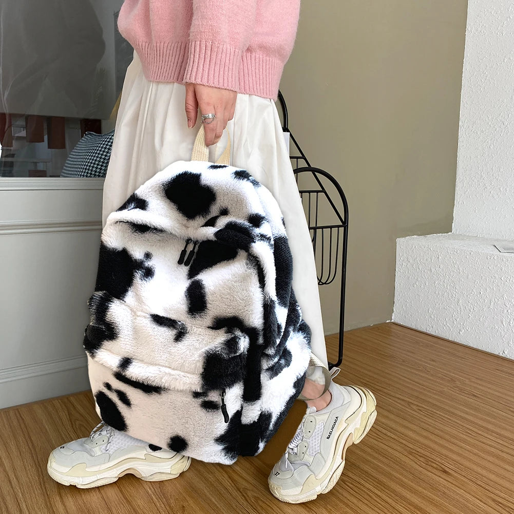Retro Cow Leopard Print Backpack Soft Plush School Bag Casual Travel Rucksack