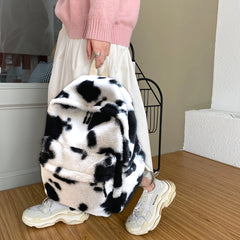 Retro Cow Leopard Print Backpack Soft Plush School Bag Casual Travel Rucksack